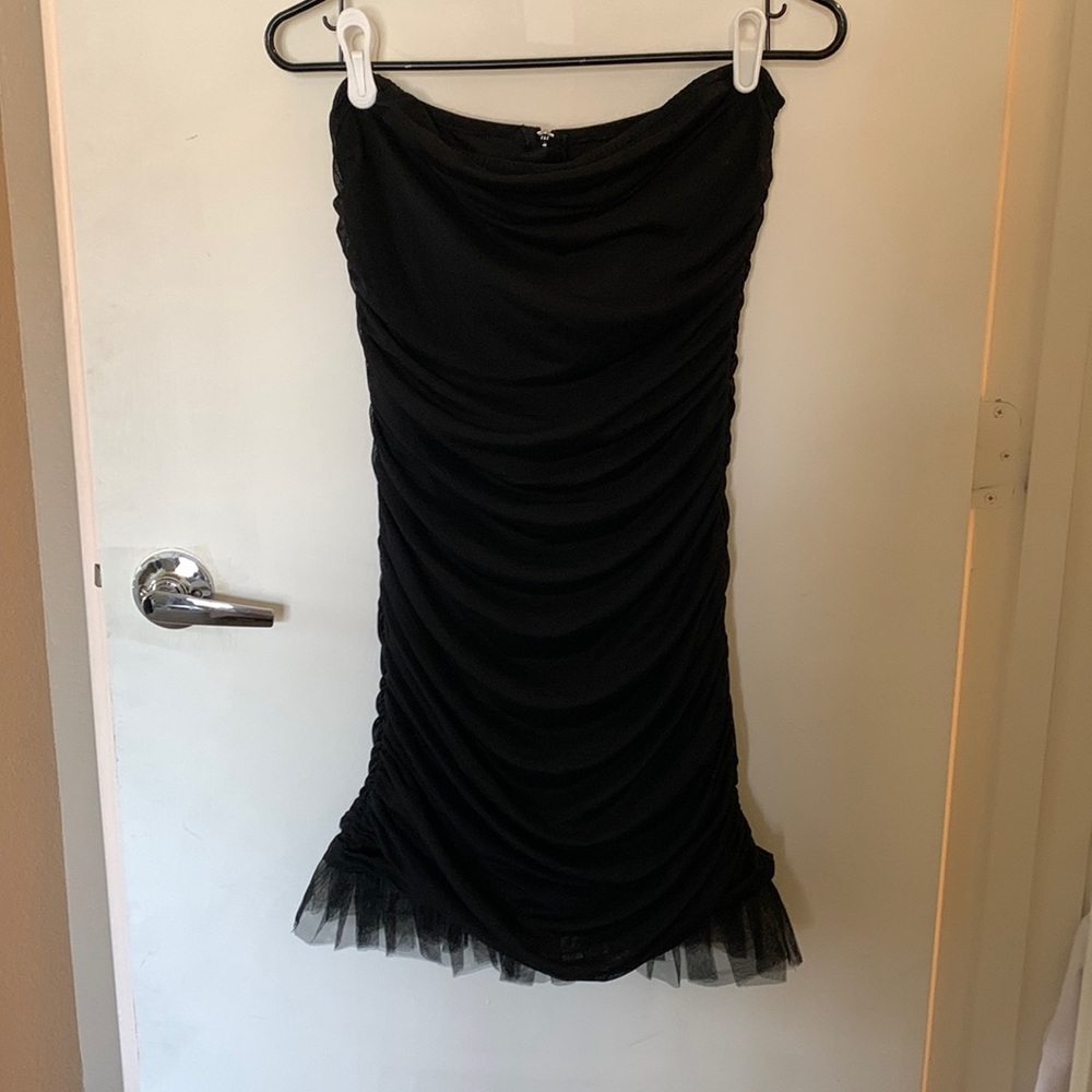 Black ruched strapless dress with tulle bottom